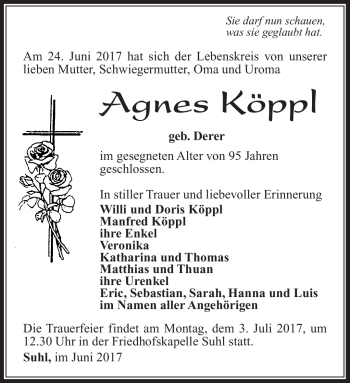 Traueranzeige von Agnes Köppl von Südthüringer Presse