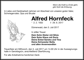 Traueranzeige von Alfred Hornfeck von Frankenpost