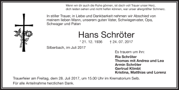 Traueranzeige von Hans Schröter von Frankenpost