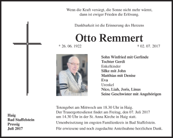 Traueranzeige von Otto Remmert von Neue Presse Coburg