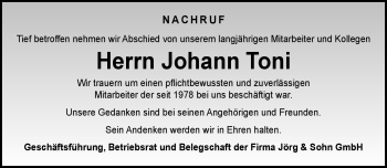 Traueranzeige von Johann Toni von Neue Presse Coburg