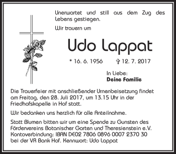 Traueranzeige von Udo Lappat von Frankenpost