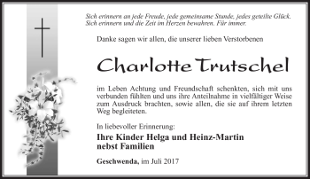 Traueranzeige von Charlotte Trutschel von Südthüringer Presse