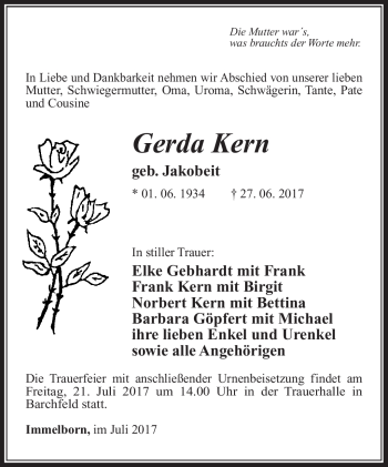 Traueranzeige von Gerda Kern von Südthüringer Presse