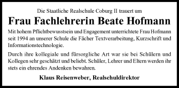 Traueranzeige von Beate Hofmann von Neue Presse Coburg