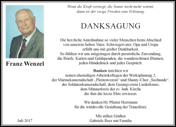 Traueranzeige von Franz Wenzel von Neue Presse Coburg