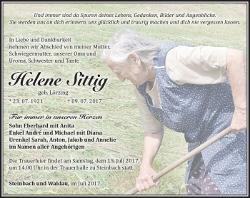 Traueranzeige von Helene Sittig von Südthüringer Presse