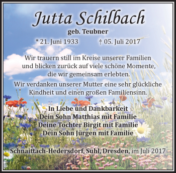 Traueranzeige von Jutta Schilbach von Südthüringer Presse