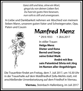 Traueranzeige von Manfred Menz von Südthüringer Presse
