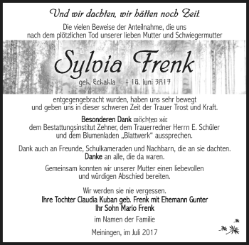 Traueranzeige von Sylvia Frenk von Südthüringer Presse