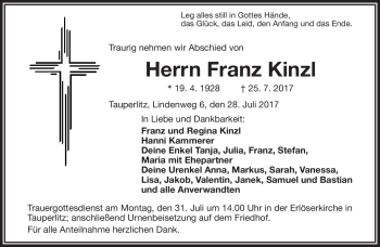 Traueranzeige von Franz Kinzl von Frankenpost