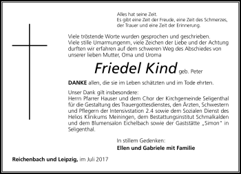 Traueranzeige von Friedel Kind von Südthüringer Presse