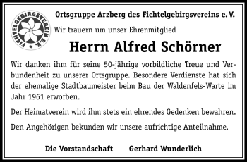 Traueranzeige von Alfred Schörner von Frankenpost