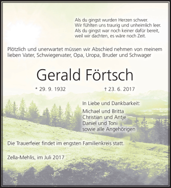 Traueranzeige von Gerald Förtsch von Südthüringer Presse