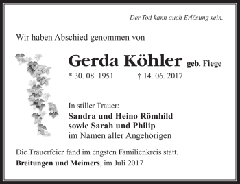 Traueranzeige von Gerda Köhler von Südthüringer Presse