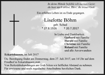 Traueranzeige von Liselotte Böhm von Neue Presse Coburg