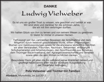 Traueranzeige von Ludwig Vielweber von Südthüringer Presse