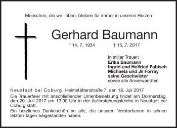 Traueranzeige von Gerhard Baumann von Neue Presse Coburg