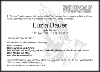 Traueranzeige von Luzia Bauer von Frankenpost