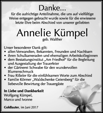 Traueranzeige von Annelie Kümpel von Südthüringer Presse