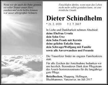 Traueranzeige von Dieter Schindhelm von Südthüringer Presse