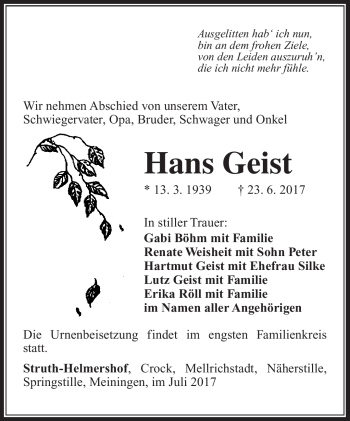 Traueranzeige von Hans Geist von Südthüringer Presse