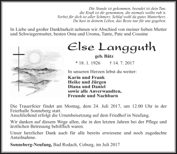 Traueranzeige von Else Langguth von Südthüringer Presse