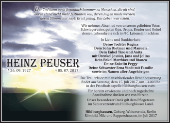 Traueranzeige von Heinz Peuser von Südthüringer Presse