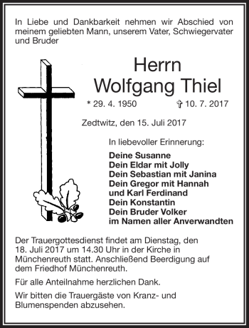 Traueranzeige von Wolfgang Thiel von Frankenpost