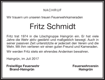 Traueranzeige von Fritz Schmidt von Frankenpost