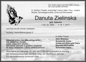 Traueranzeige von Danuta Zielinska von Frankenpost