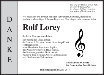 Traueranzeige von Rolf Lorey von Südthüringer Presse