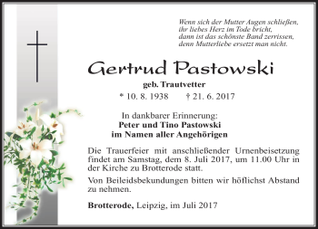 Traueranzeige von Gertrud Pastowski von Südthüringer Presse