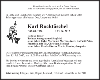Traueranzeige von Karl Rocktäschel von Südthüringer Presse