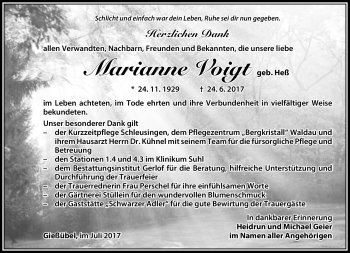 Traueranzeige von Marianne Voigt von Südthüringer Presse