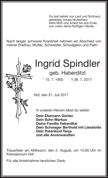 Traueranzeige von Ingrid Spindler von Frankenpost