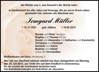 Traueranzeige von Irmgard Müller von Neue Presse Coburg