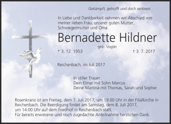 Traueranzeige von Bernadette Hildner von Frankenpost