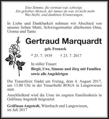 Traueranzeige von Gertraud Marquardt von Südthüringer Presse