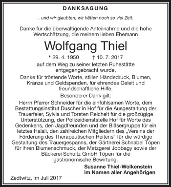 Traueranzeige von Wolfgang Thiel von Frankenpost