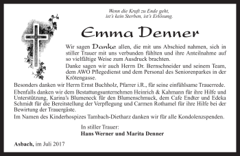 Traueranzeige von Emma Denner von Südthüringer Presse