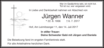 Traueranzeige von Jürgen Wanner von Frankenpost