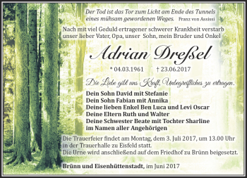 Traueranzeige von Adrian Dreßel von Südthüringer Presse