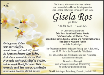 Traueranzeige von Gisela Ros von Südthüringer Presse