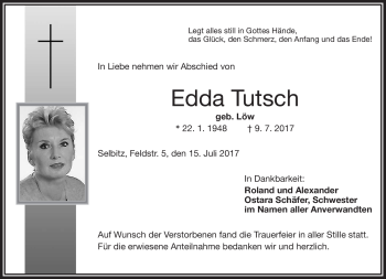 Traueranzeige von Edda Tutsch von Frankenpost