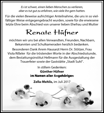 Traueranzeige von Renate Hüfner von Südthüringer Presse