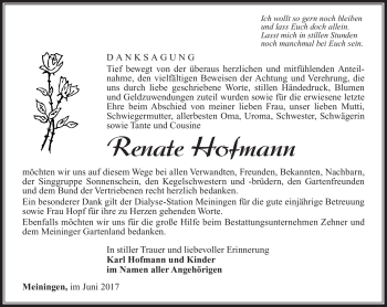 Traueranzeige von Renate Hofmann von Südthüringer Presse