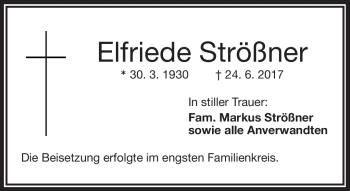 Traueranzeige von Elfriede Strößner von Frankenpost