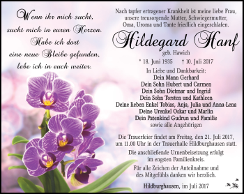 Traueranzeige von Hildegard Hanf von Südthüringer Presse