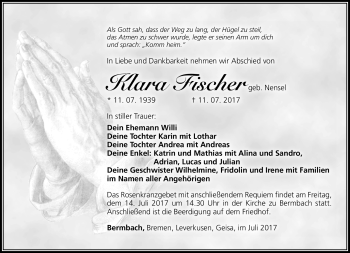 Traueranzeige von Klara Fischer von Südthüringer Presse